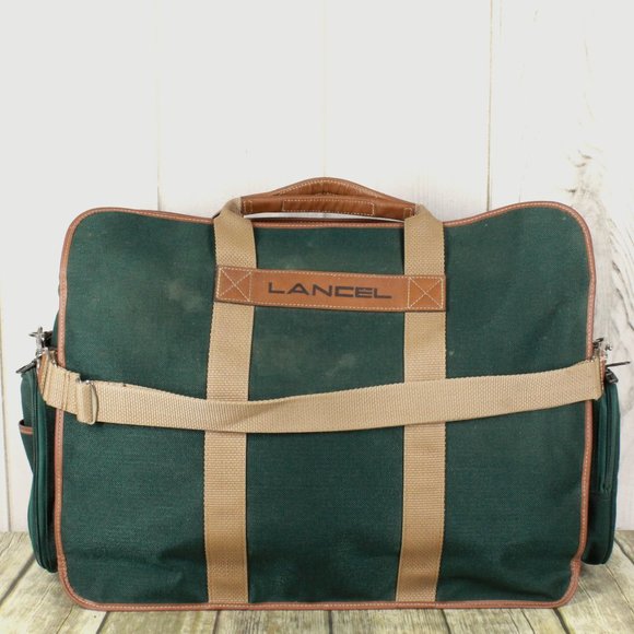 Lancel Handbags - Lancel Paris Green Brown Canvas Nylon Travel Duffle Luggage Weekend Bag